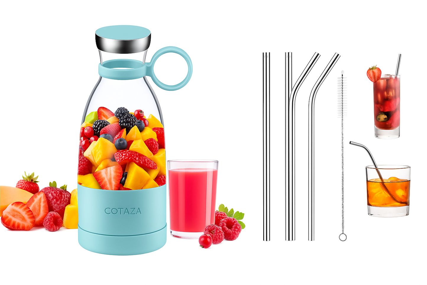 Juicer Combo – 420ml Portable Juicer Blender with 2 Straight & 2 Bent Reusable Steel Straws and Cleaning Brush for Smoothies & Juices.