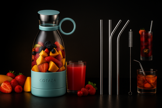 Juicer Combo – 420ml Portable Juicer Blender with 2 Straight & 2 Bent Reusable Steel Straws and Cleaning Brush for Smoothies & Juices.
